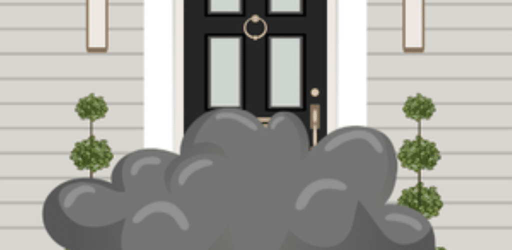 Cartoon image of a dark grey cloud hovering outside a front door