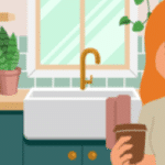 Cartoon image of a woman stood in a kitchen looking tired and holding a drink