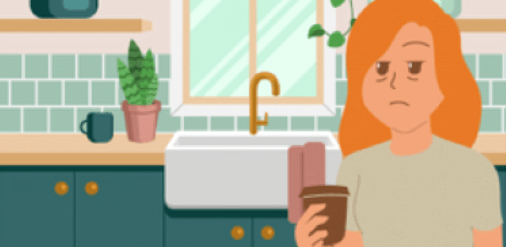 Cartoon image of a woman stood in a kitchen looking tired and holding a drink